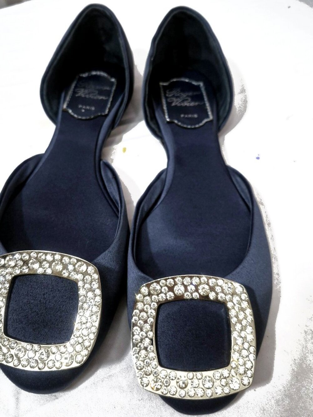 Roger Vivier Navy Satin Crystal Buckle Flats – 40 (US 9.5)